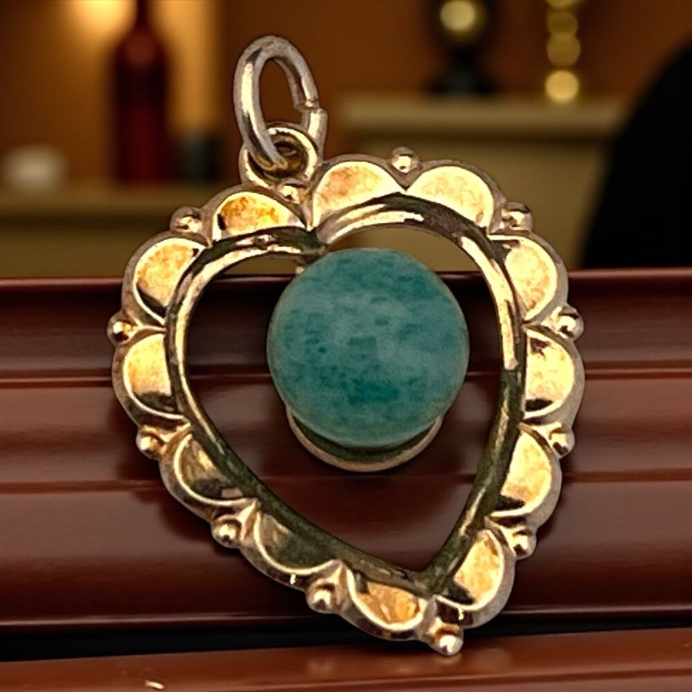 Vintage 1950s Jade Cabochon Heart Pendant Gold Filled Mid Century - 7S